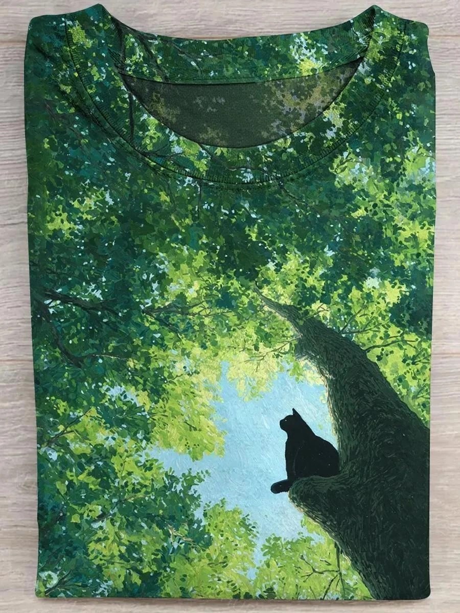 Retro Cat Art Print Casual Pure Cotton Short Sleeved T-shirt