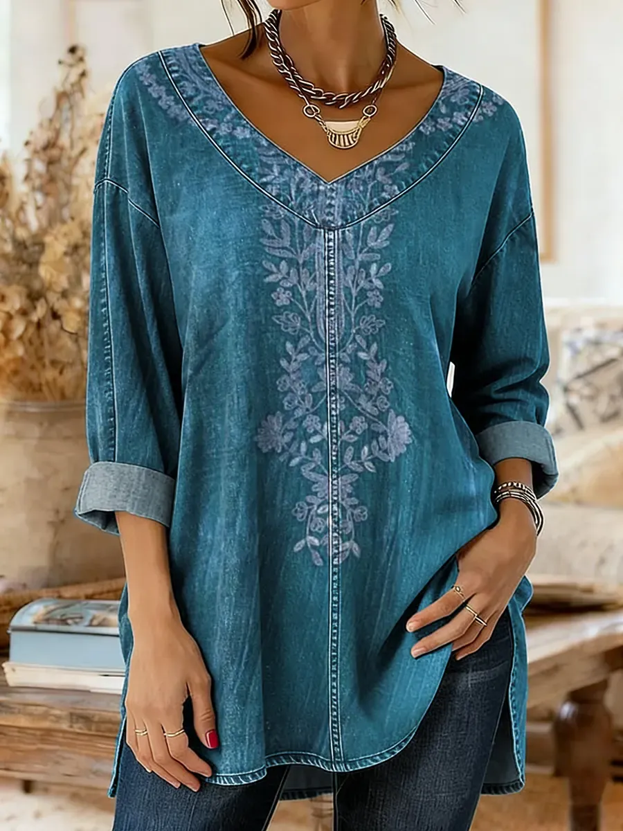 Ethnicity Flowers Totem Women's Art Print Casual Washed Denim Cotton Top