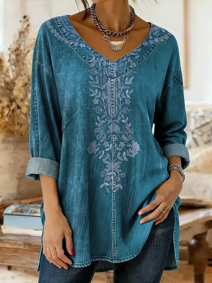 Ethnicity Flowers Totem Women's Art Print Casual Washed Denim Cotton Top