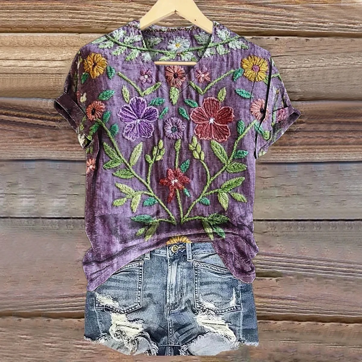 Women's Vintage Ethnic Floral Art Print Casual Cotton Linen Shirt