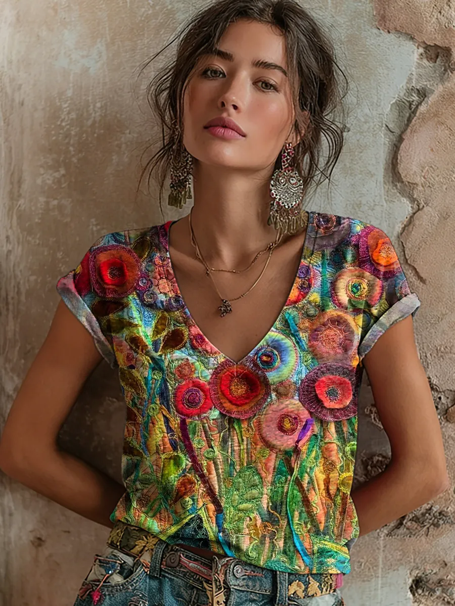 Women's Retro Colorful Floral Art Print Casual Short-Sleeve V-Neck Cot