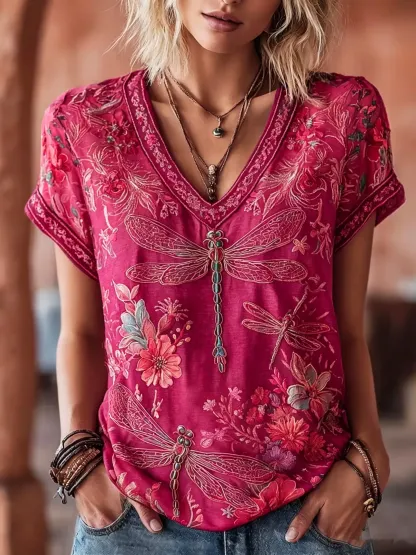 Women's Vintage Dragonfly Floral Print Cotton V-Neck Tee