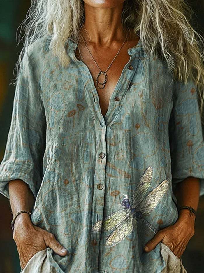 Women's Casual Green Forest Mushroom Dragonfly Print Shirt