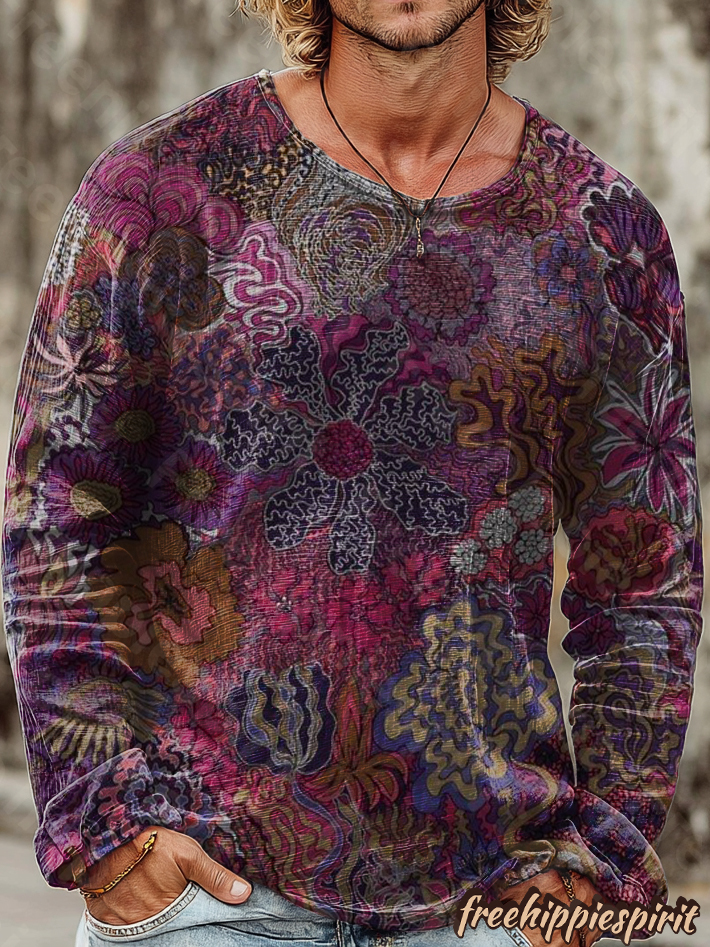 Men's Vintage Purple Floral Art Print Casual Cotton Shirt