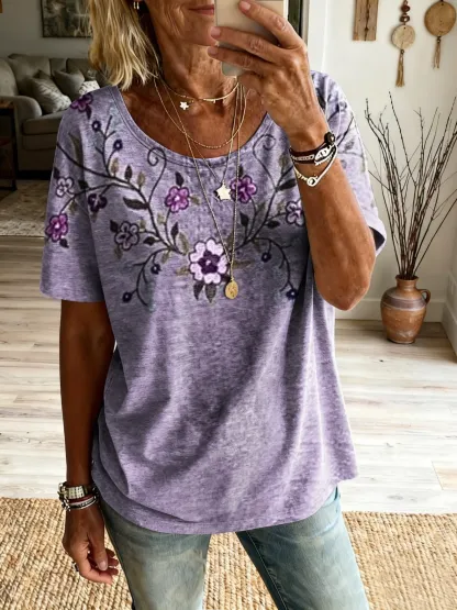 Women's Retro Floral Art Print Casual Crew Neck Short-Sleeve Pure Cotton T-Shirt