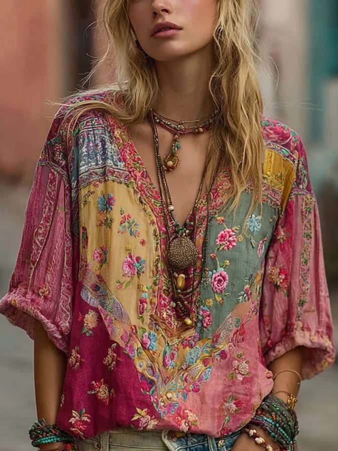 Women's Casual Vintage Breast Cancer Awareness Bohemian V-Neck Top