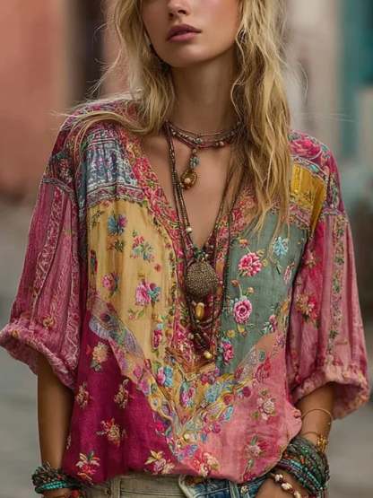 Women's Casual Vintage Breast Cancer Awareness Bohemian V-Neck Top