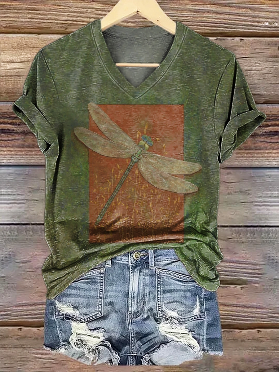 Women's Dragonfly Art Print V-neck Casual T-Shirt