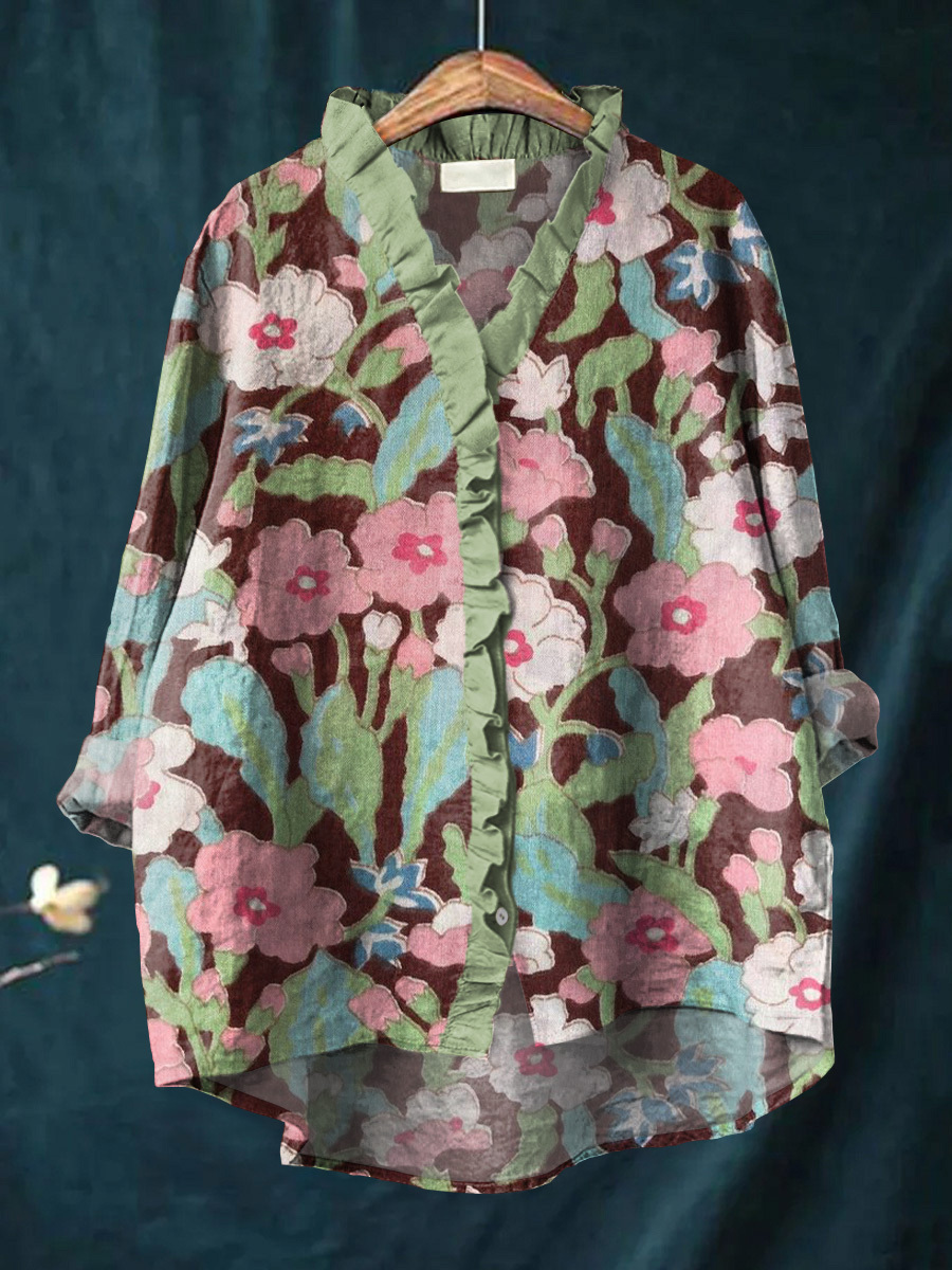 Women's Vintage Beautiful Large Flower Art Print Casual Cotton And Lin