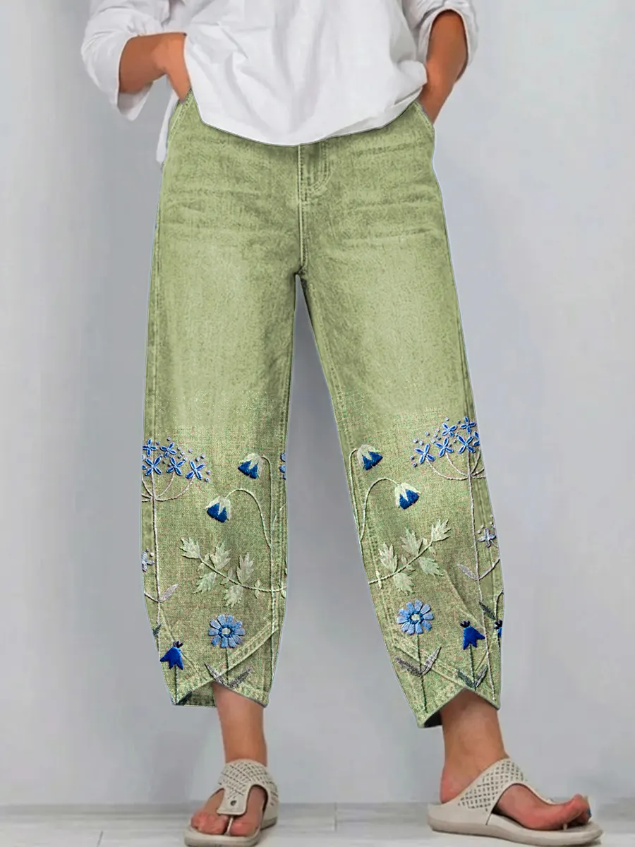 Ethnicity Bohemia Flowers Women's Art Pattern Print Casual Denim Cotton Pants