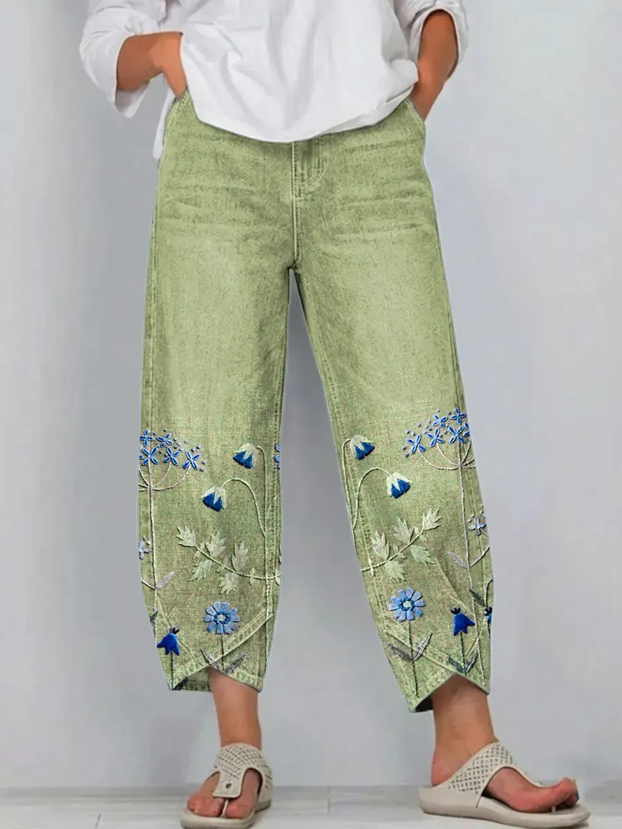 Ethnicity Bohemia Flowers Women's Art Pattern Print Casual Denim Cotton Pants