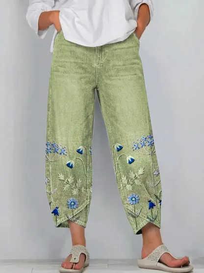 Ethnicity Bohemia Flowers Women's Art Pattern Print Casual Denim Cotton Pants