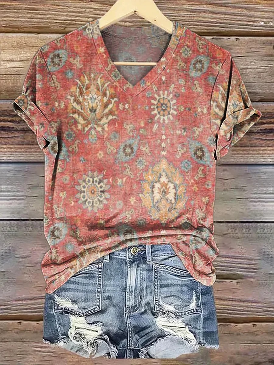 Women's Retro Ethnic Totem Pattern Casual Linen V-neck Shirt