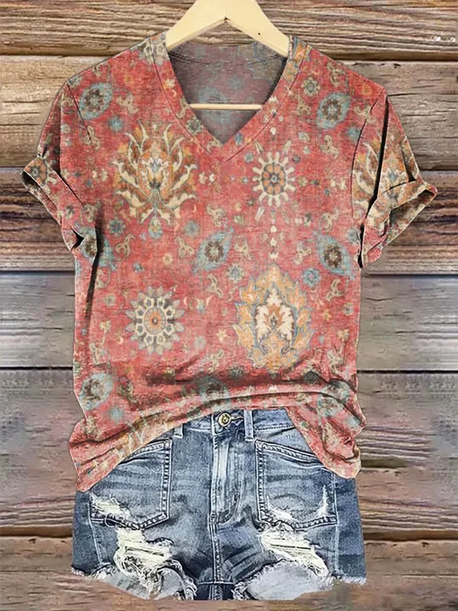 Women's Retro Ethnic Totem Pattern Casual Linen V-neck Shirt