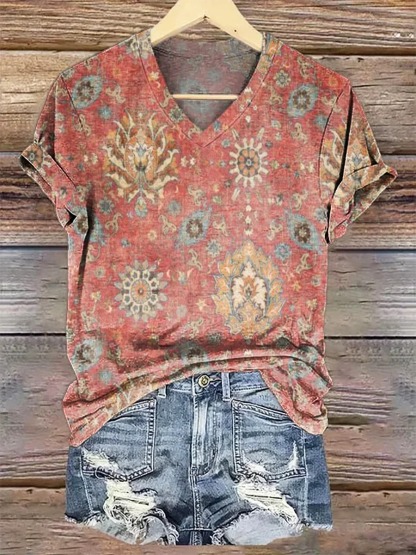 Women's Retro Ethnic Totem Pattern Casual Linen V-neck Shirt