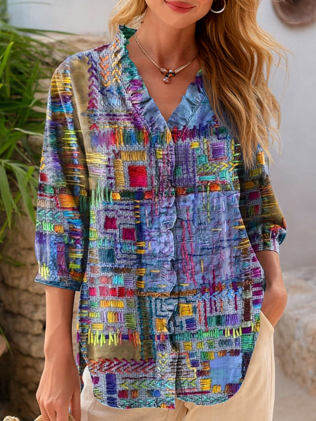 Women's Vintage Purple Collage Art Print Casual Ruffle Button Denim Shirt