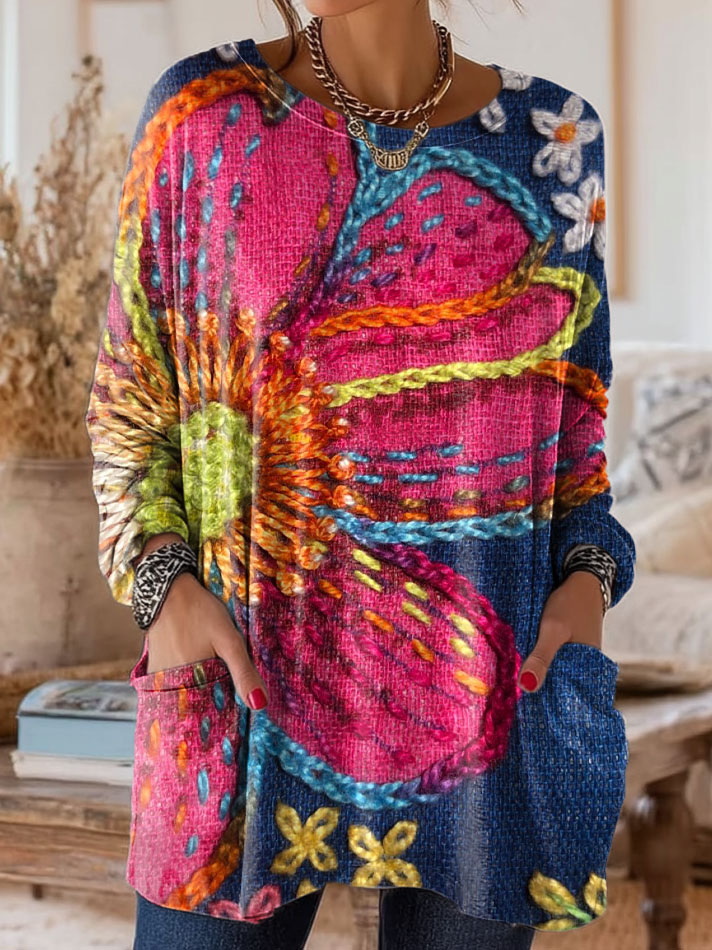 Women's Retro Floral Texture Art Print Casual Long-Sleeve T-Shirt