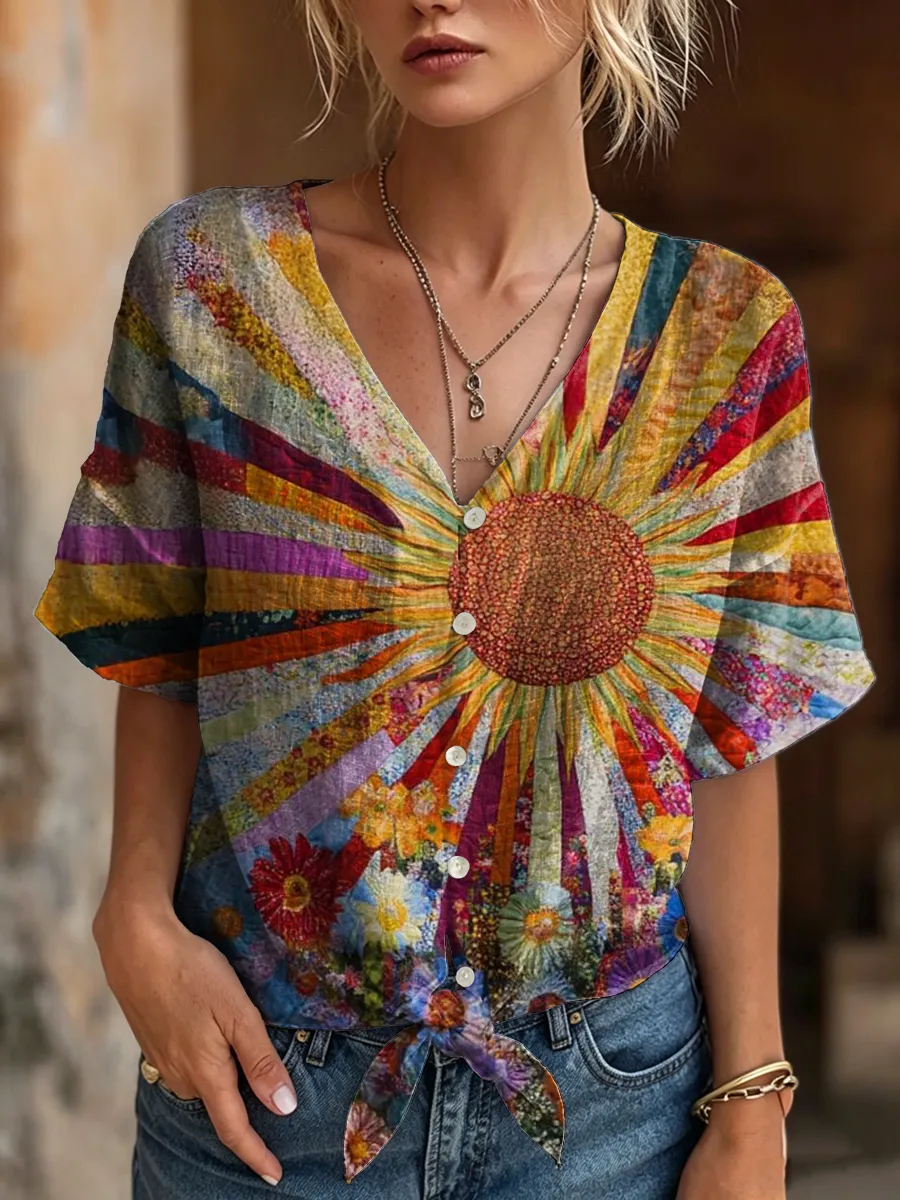 Women's Retro Colorful Sun And Floral Art Print Casual Short-sleeve V-neck Cotton Linen Cardigan Shirt