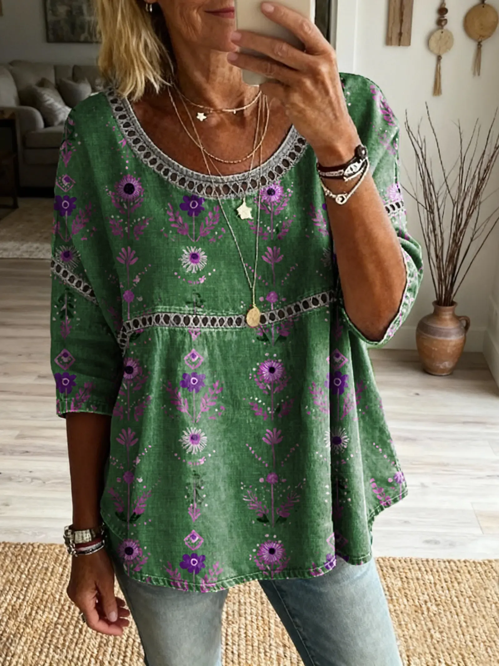 Women's Floral Pattern Art Print Casual Round Neck Lace-up Top