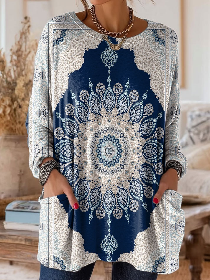 Women's Retro Totem Ethnic Floral Art Print Casual Long-Sleeve T-Shirt