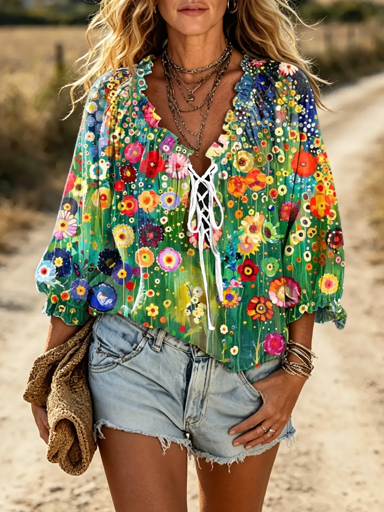 Women's Vintage Garden All-Over Floral Print Lace-Up V-Neck Puff Sleeve Blouse