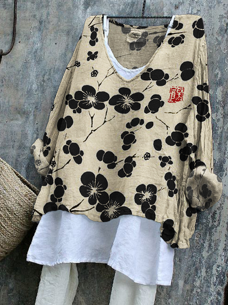 Cherry Blossom Japanese Lino Art Flowy Tunic