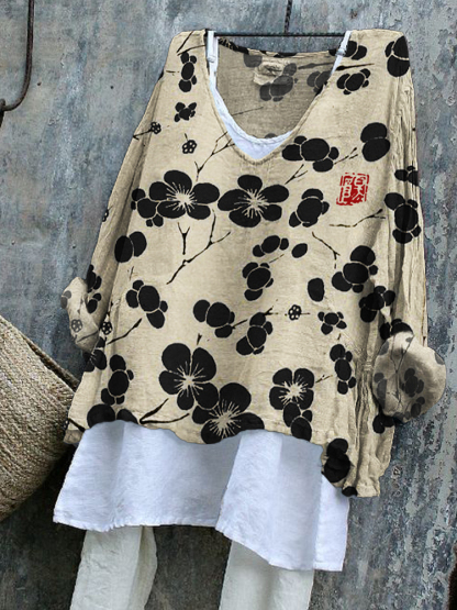 Cherry Blossom Japanese Lino Art Flowy Tunic