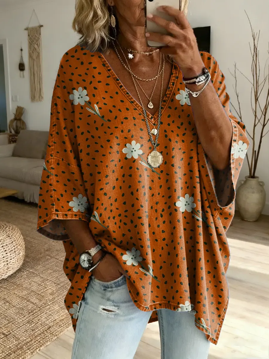 Women's Bohemian Floral Art Print Casual Loose Washed Cotton Denim Top