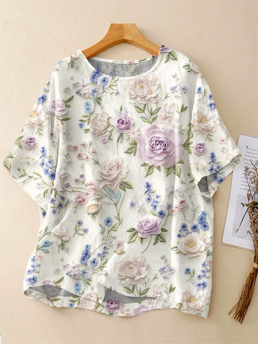 Women's Vintage Floral Art Print Casual Linen Crew Neck Shirt