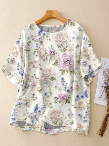Women's Vintage Floral Art Print Casual Linen Crew Neck Shirt