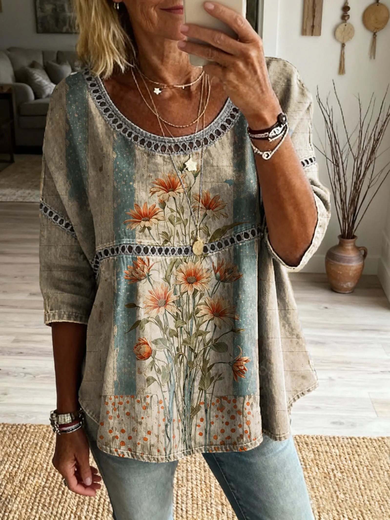 Women's Retro Floral Art Print Casual Hollow-Out Top