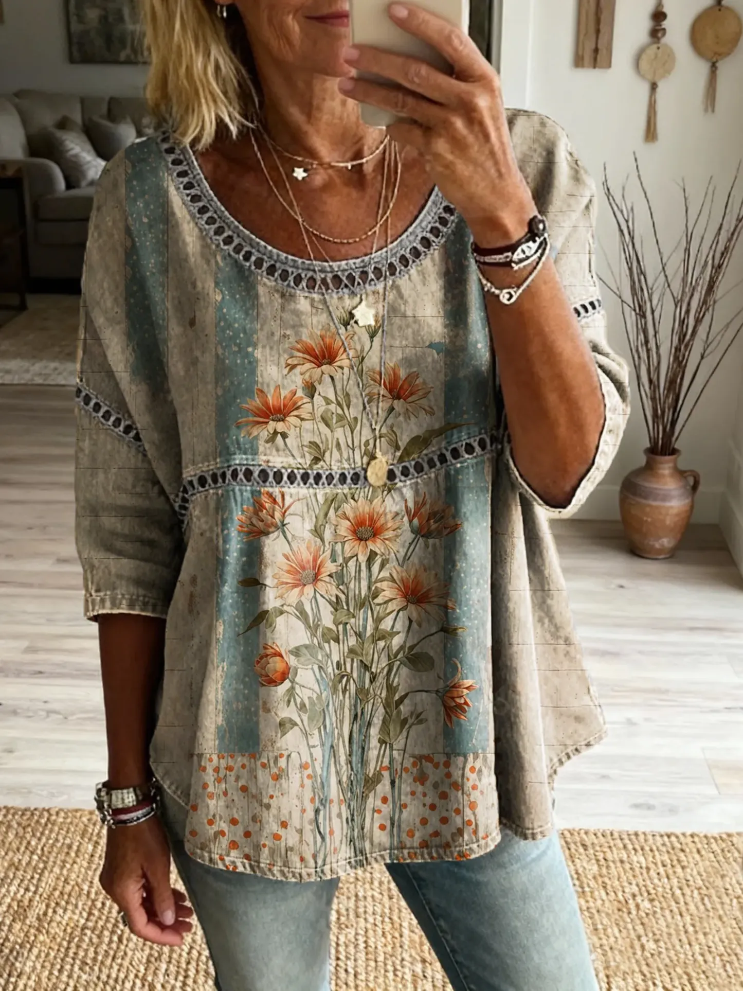 Women's Retro Floral Art Print Casual Hollow-Out Top