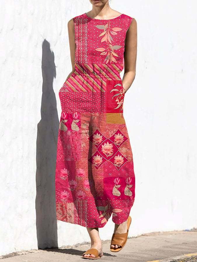 Women's Casual Retro Floral Patchwork Jumpsuit