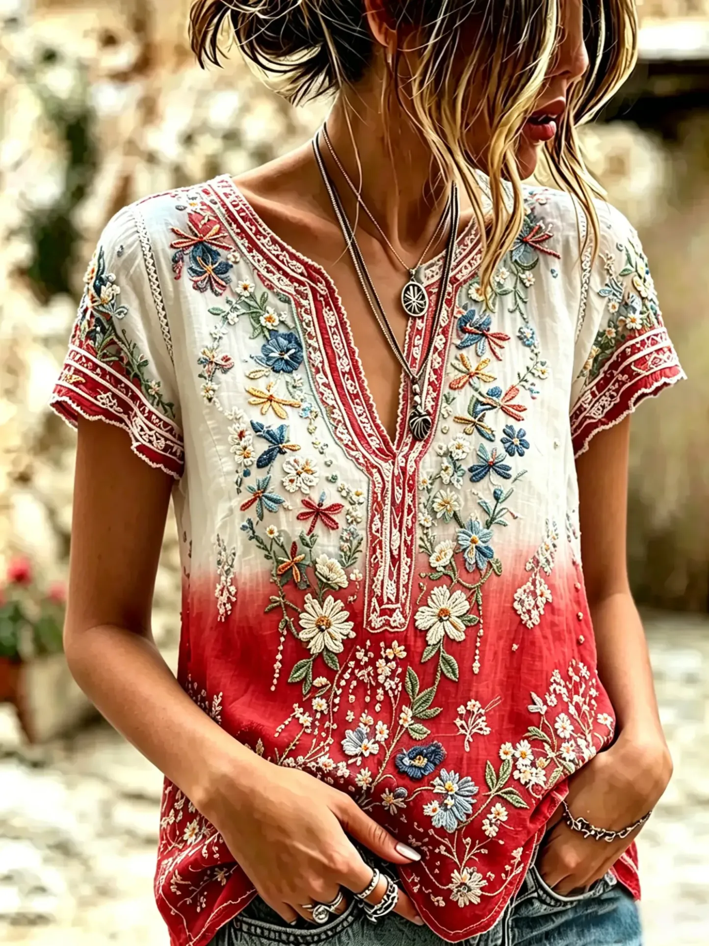 Women's Vintage Floral Textured Art Print Short-Sleeve Top