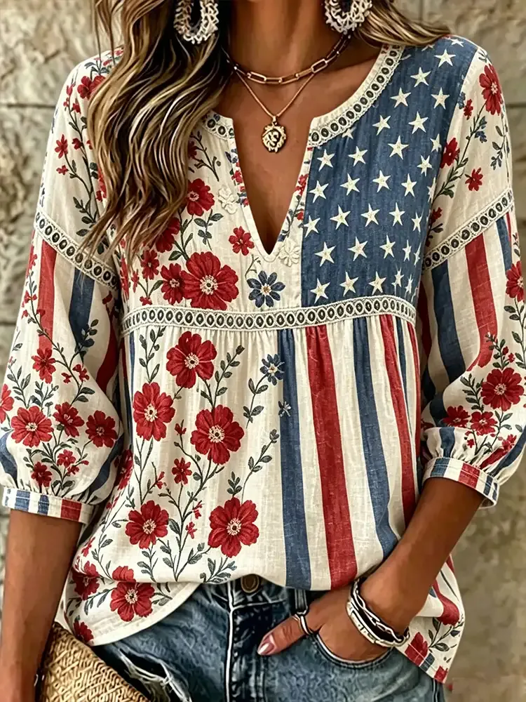 Women's Independence Day Floral Print Artistic Embroidered Lace-up Blouse