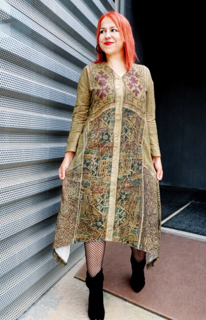 Women's Vintage Ethnic Tattoo Pattern Art Print Pocket V-Neck Cotton Dress