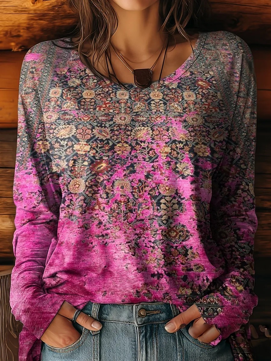 Women's Retro Ethnic Tattoo Art Print Casual T Shirt