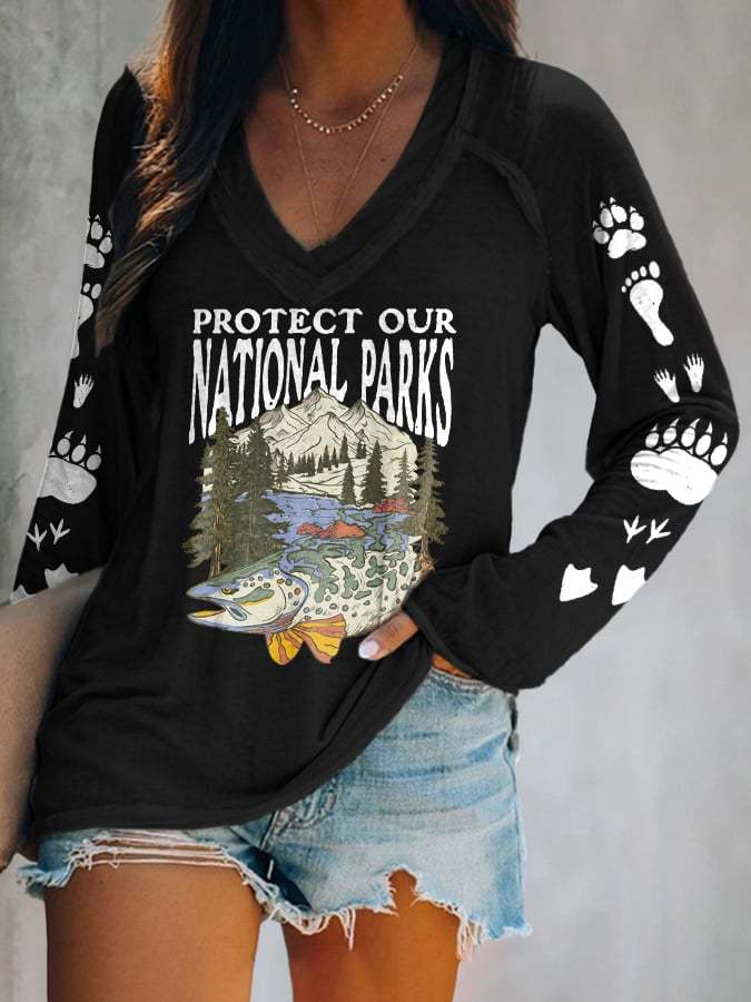 Women's Protect Our National Parks Print V Neck T-Shirt