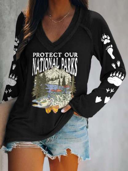 Women's Protect Our National Parks Print V Neck T-Shirt