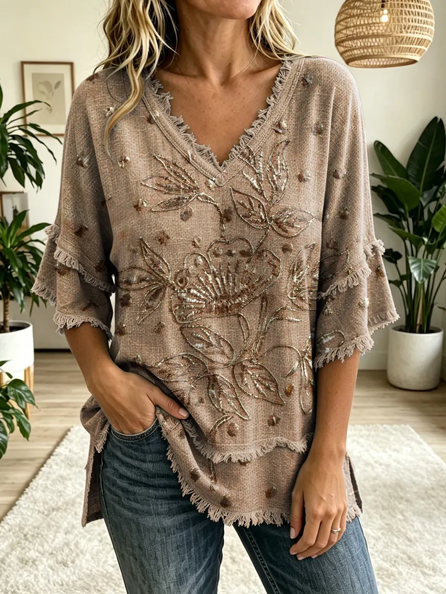 Women's Vintage Folk Floral Art Print V-Neck Tasseled Cotton Top