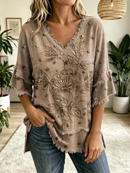 Women's Vintage Folk Floral Art Print V-Neck Tasseled Cotton Top