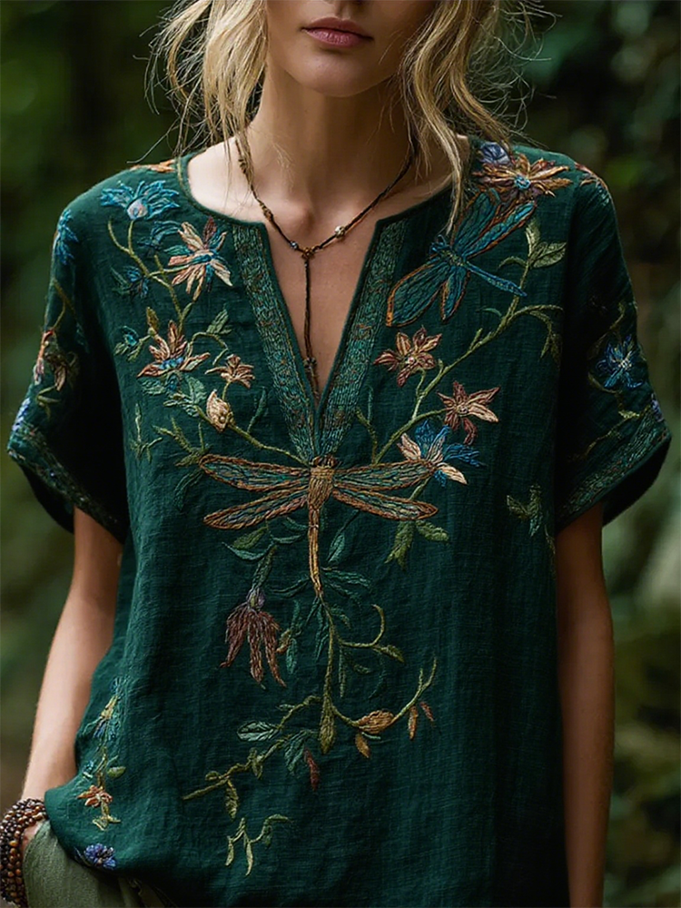 Bohemian Style Dragonfly Flower Vintage V-neck Short-sleeved Shirt