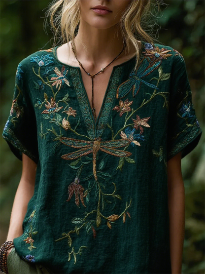 Bohemian Style Dragonfly Flower Vintage V-neck Short-sleeved Shirt