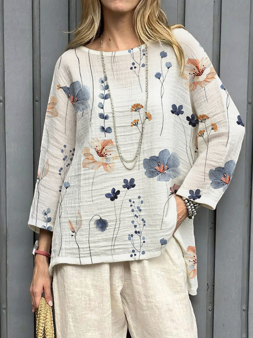 Women's Retro Floral Casual Round Neck Cotton and Linen Nine-Point Sleeve Shirt