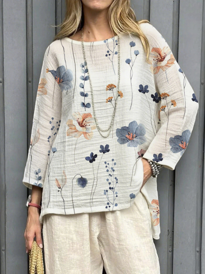 Women's Retro Floral Casual Round Neck Cotton and Linen Nine-Point Sleeve Shirt