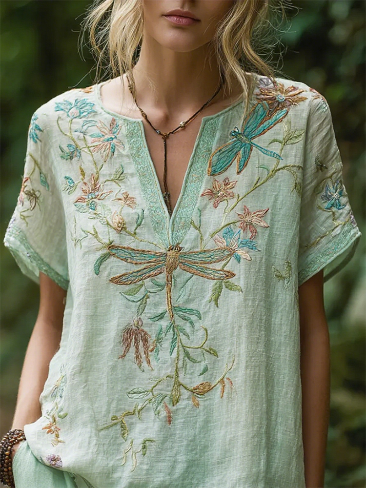Bohemian Style Dragonfly Flower Vintage V-neck Short-sleeved Shirt