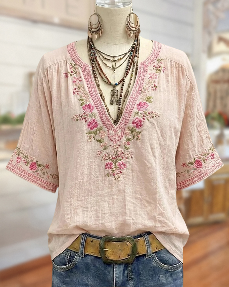 Floral Embroidery Pretty V Neck Blouse