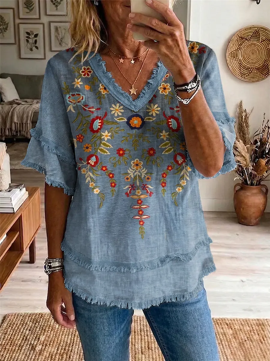 Ethnicity Flowers Geometry Women's Art Casual Patchwork V Collar Shirt