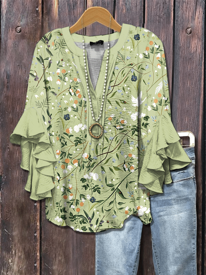 Women's Forest Floral Print V-Neck Ruffle Shirt