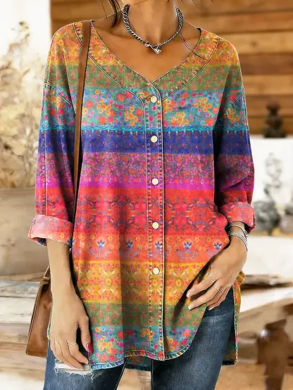 Women's Colorful Floral Patchwork Printed Cotton Denim Button-Up Top